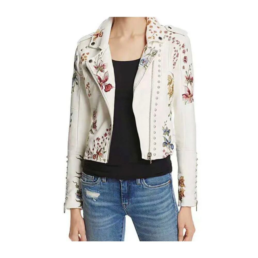 Blank NYC White Embroidered Floral Vegan Leather Moto Jacket Sz Med